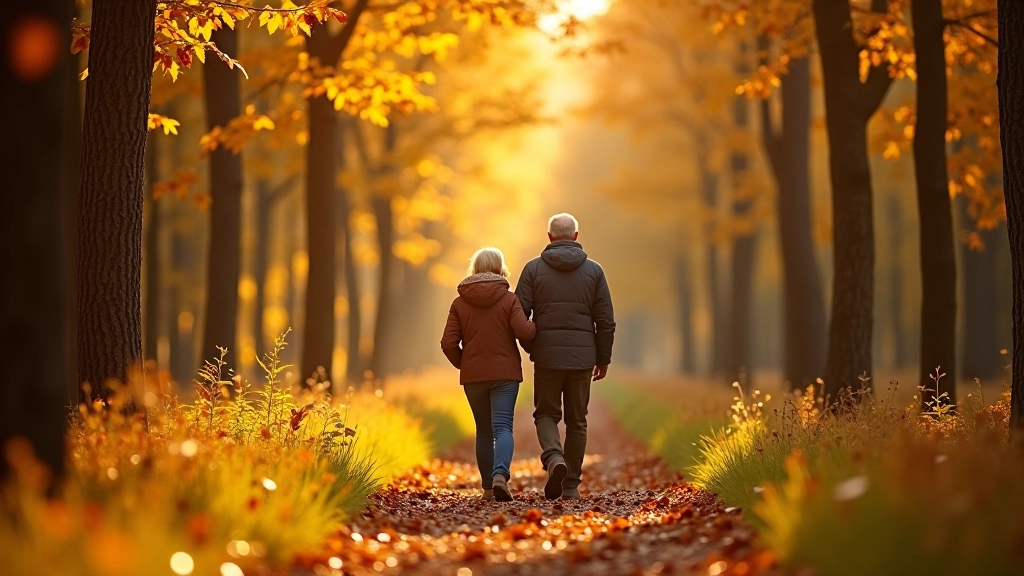 Seniori pastaigā rudens mežā, dzelteni un oranži lapju krāsas apkārt
